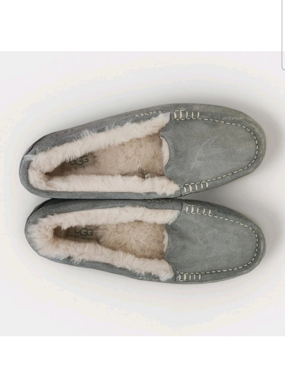UGG Ansley Slippers 9 Gray Suede Sheepskin Lined Moccasin Cozy Excellent - Picture 5 of 15